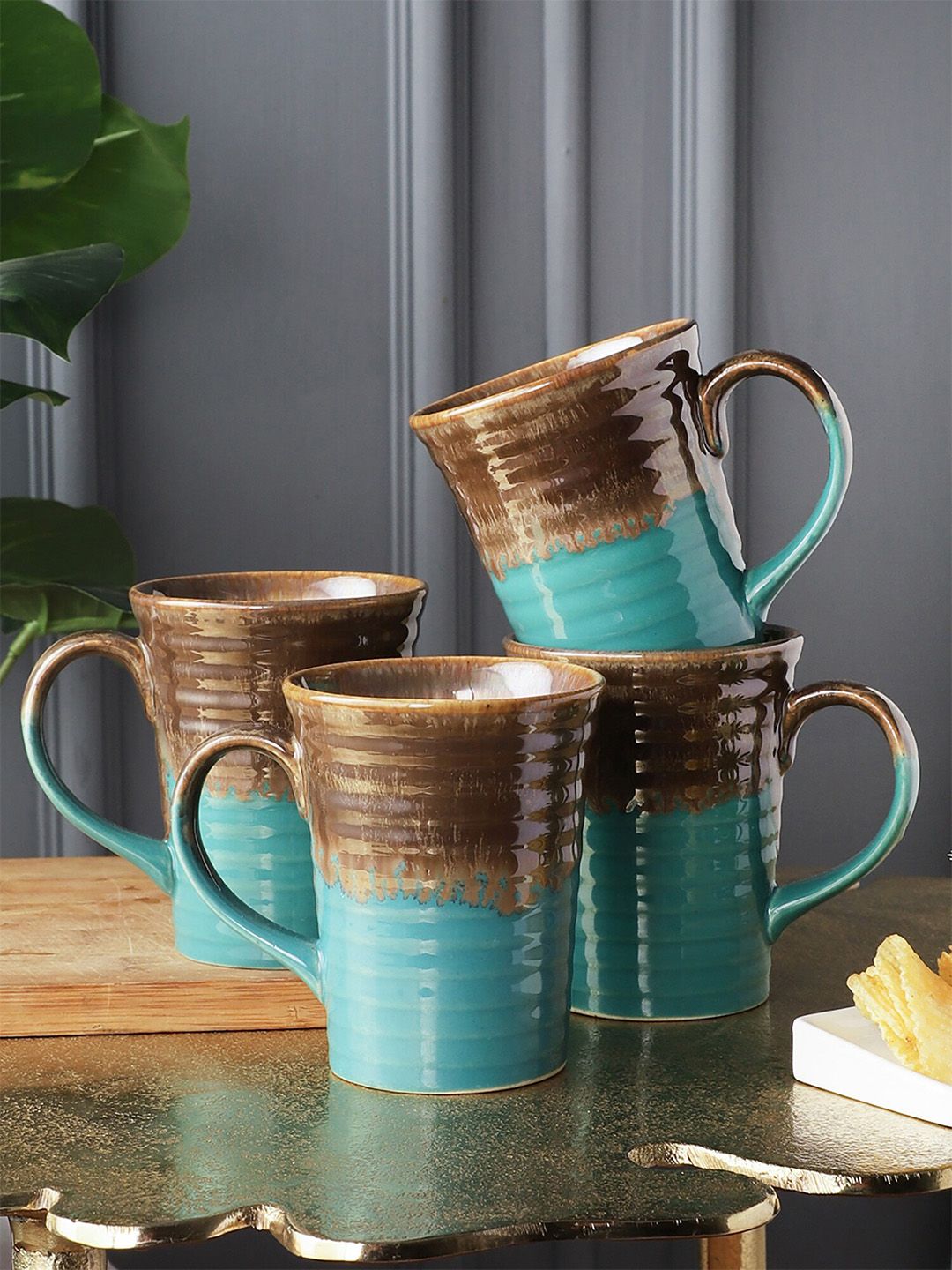 MIAH Decor Set of 4 Blue & Brown Hand Painted Textured Stoneware Glossy Mugs Price in India