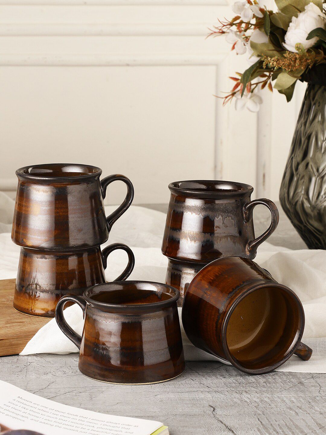 MIAH Decor Set of 6 Brown Handcrafted Solid Stoneware Glossy Cups Price in India