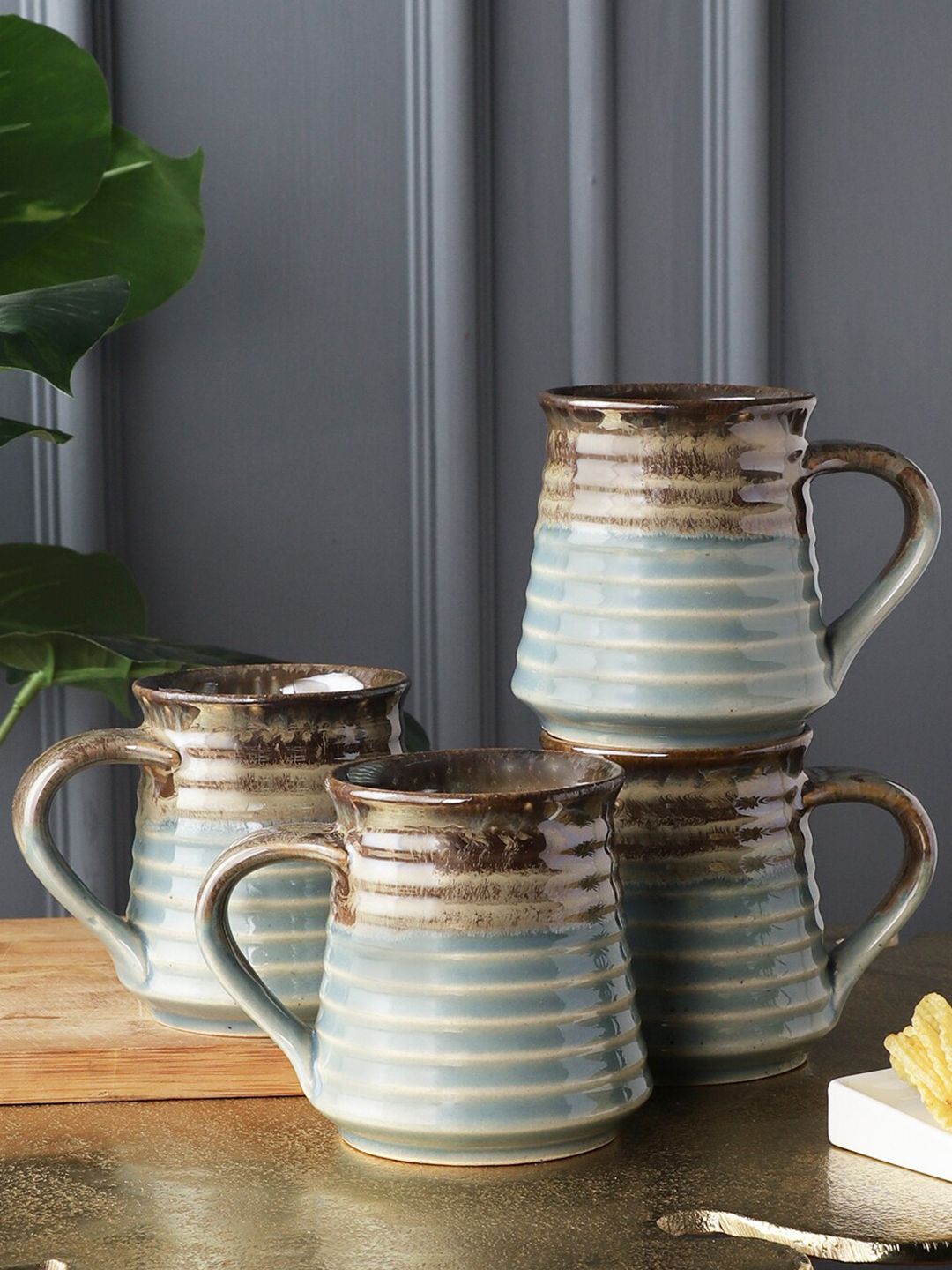 MIAH Decor Set of 4 Grey Handcrafted Textured Stoneware Glossy Mugs Price in India