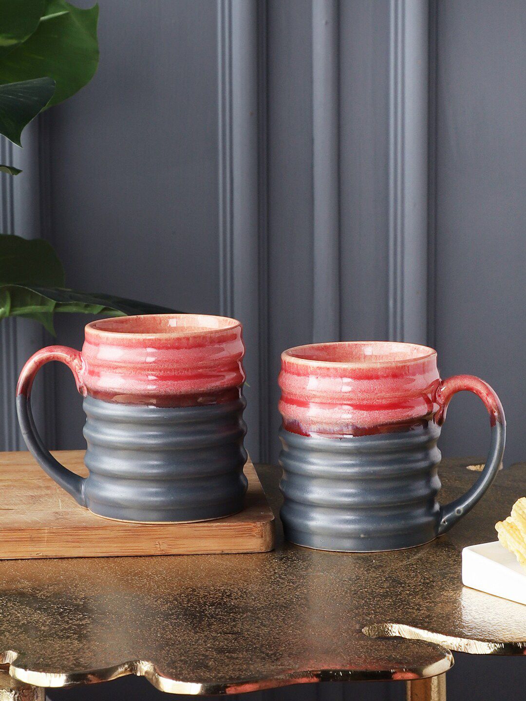 MIAH Decor 2 Pieces Peach-Coloured & Black Hand Painted Textured Stoneware Glossy Mugs Set Price in India