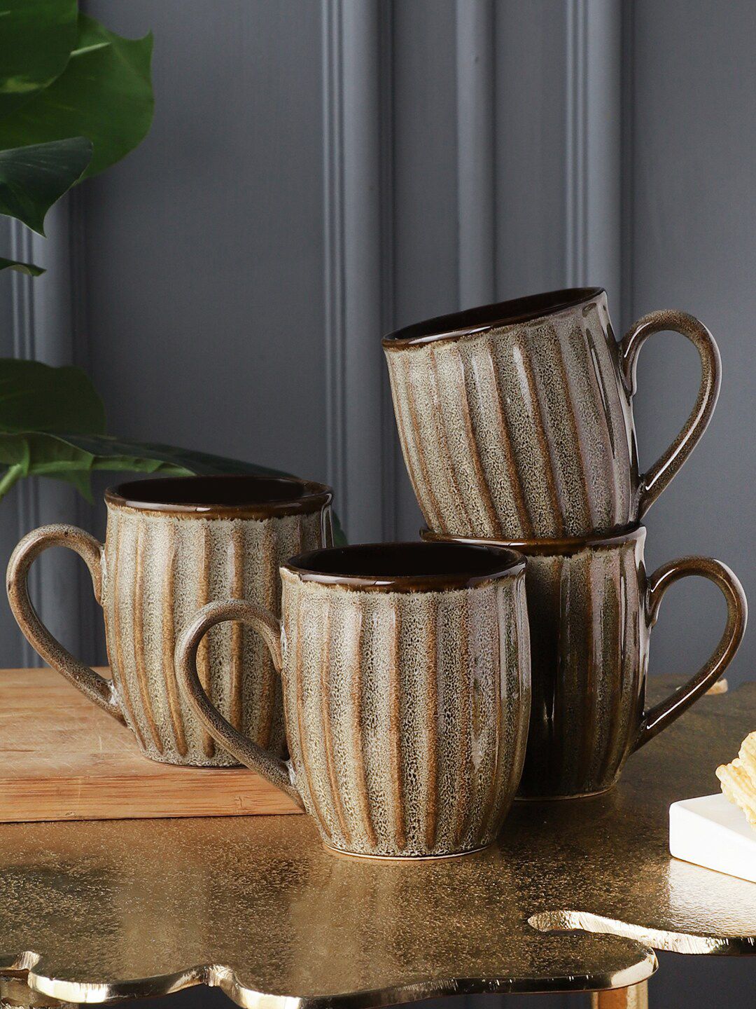 MIAH Decor Set of 4 Brown Textured Stoneware Glossy Cups Price in India