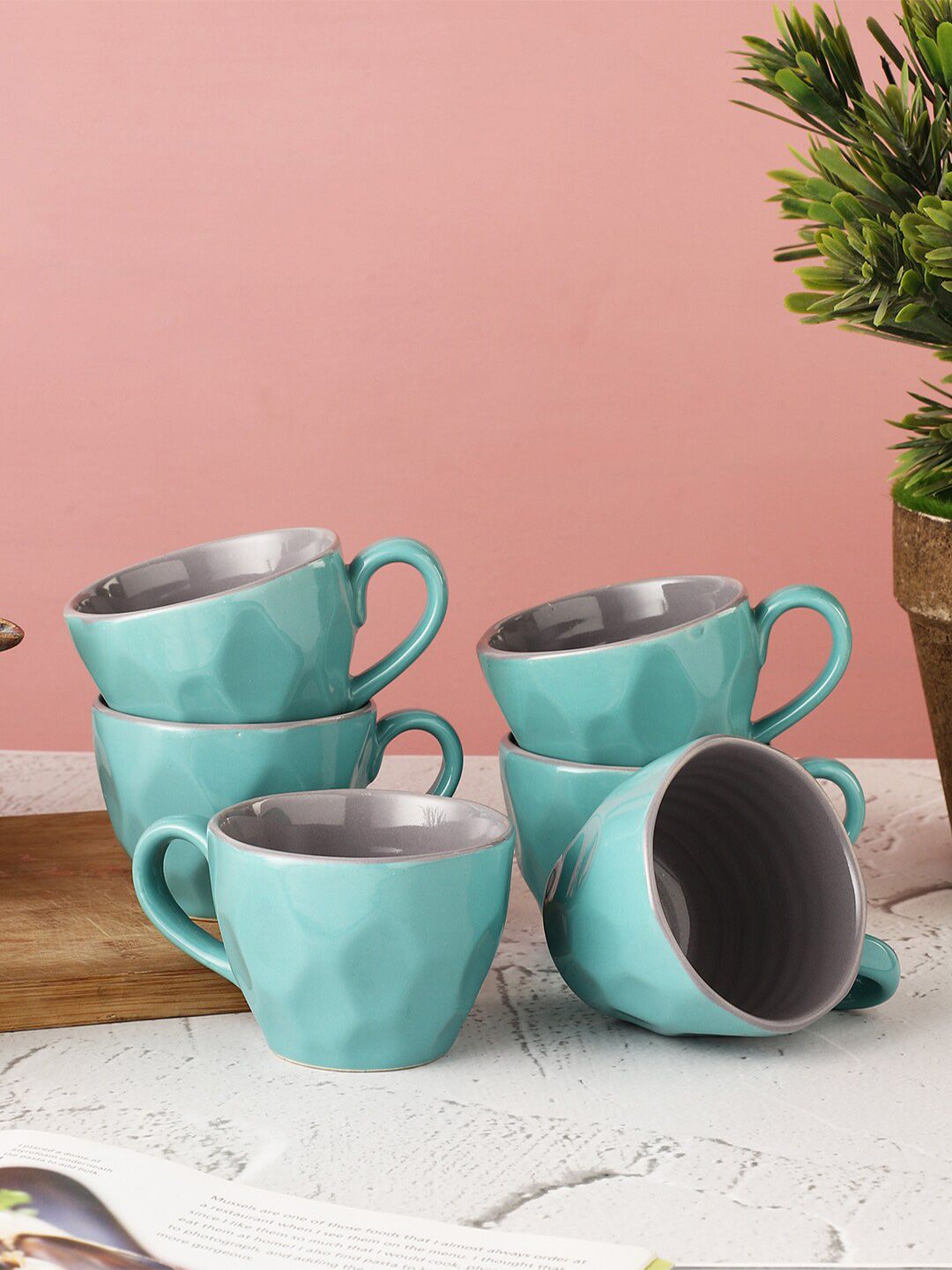 MIAH Decor Set of 6 Sea Green Ceramic Microwave Safe Glossy Cups Price in India