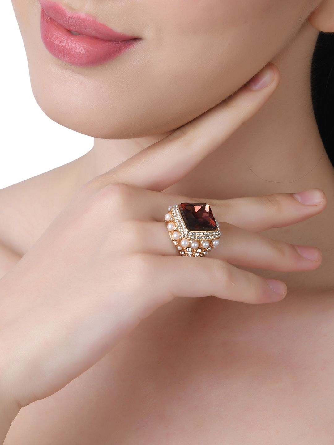 Lilly & sparkle Brown & Gold-Toned & Plated Artificial Stone-Studded Finger Ring Price in India