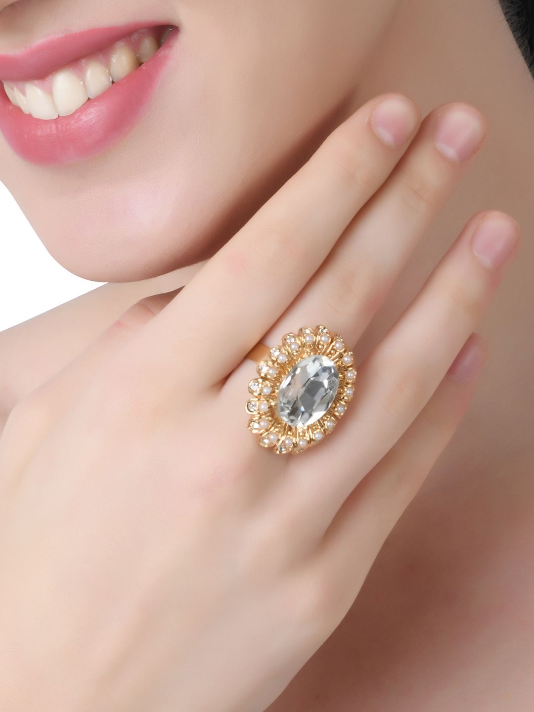 Lilly & sparkle Gold-Plated & White Pearl & Crystal-Studded Oval Finger Ring Price in India