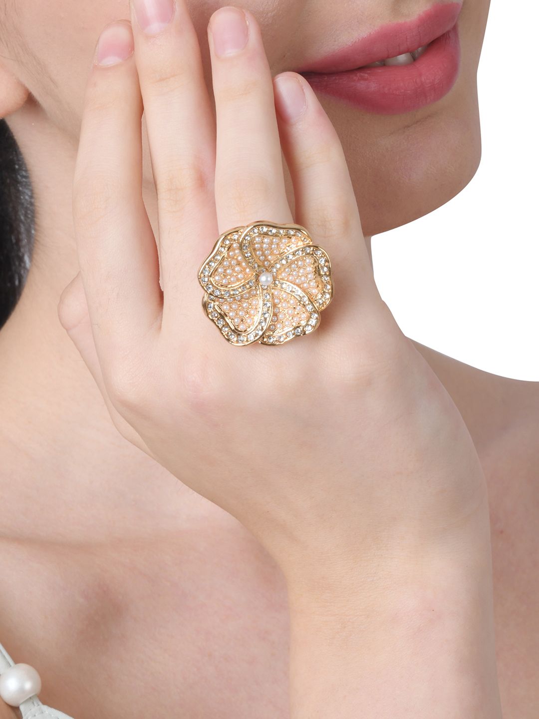 Lilly & sparkle Gold Plated & White Studded Adjustable Finger Ring Price in India