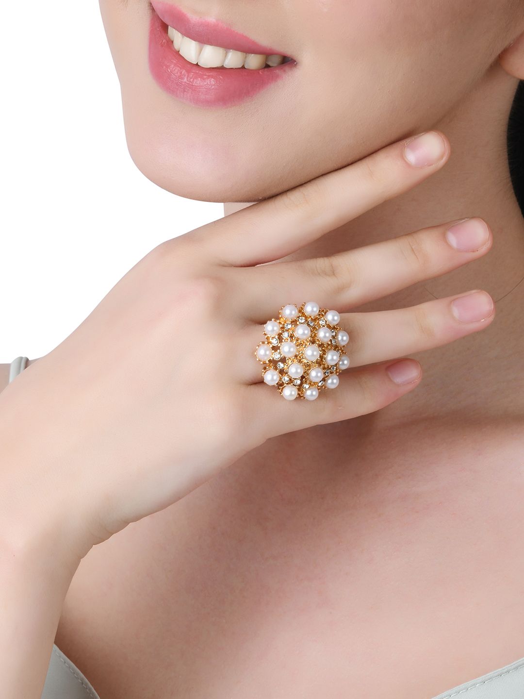 Lilly & sparkle Gold Toned White Pearl Studded Finger Ring Price in India