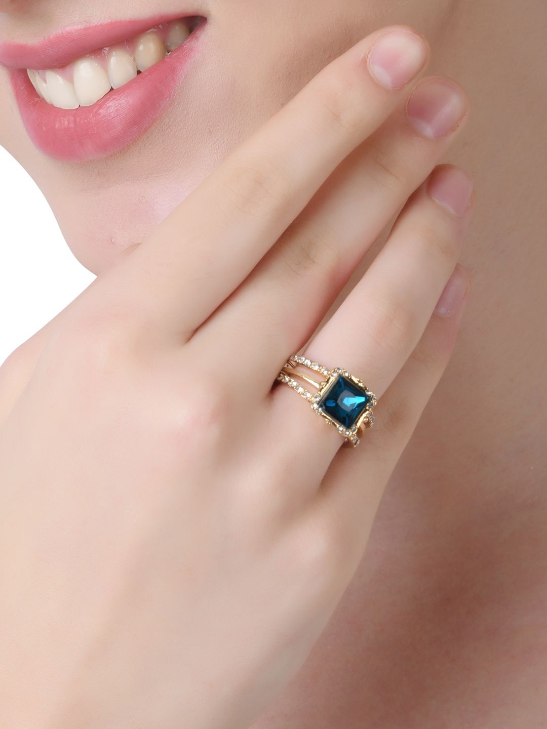 Lilly & sparkle Gold-Plated Blue & White Stone-Studded Cocktail Ring Price in India