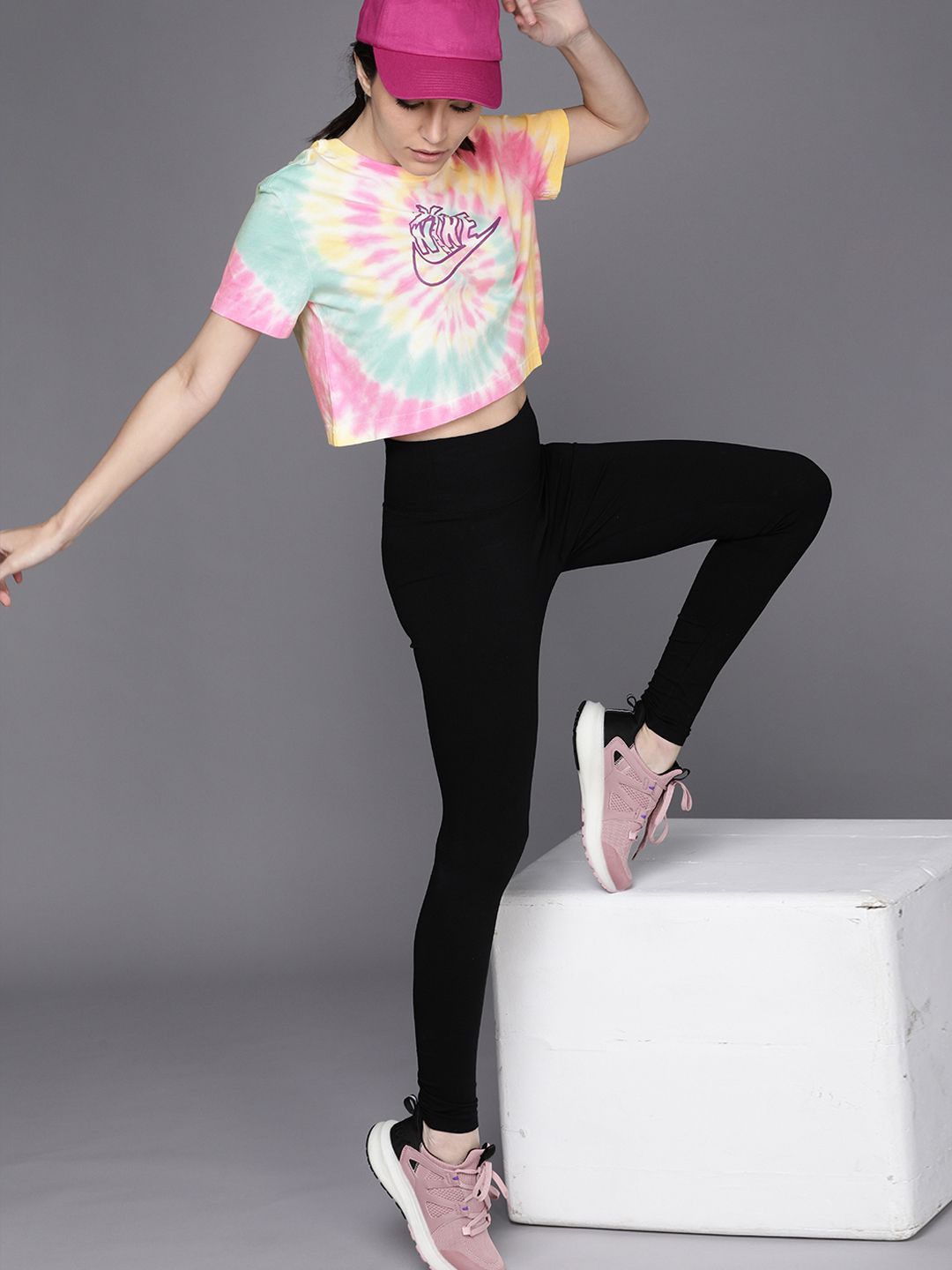 Nike Women Multicoloured Brand Logo Printed Loose Fit Pure Cotton Cropped T-shirt Price in India