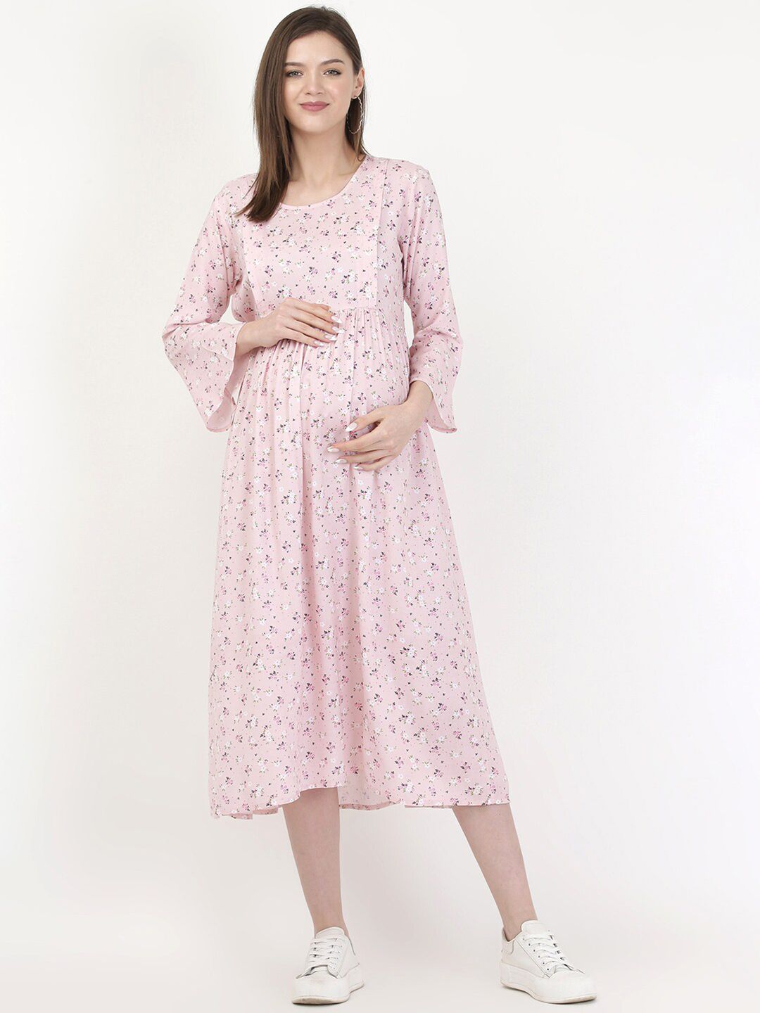 MYLO ESSENTIALS Pink & Black Floral Maternity & Nursing Maxi Dress Price in India