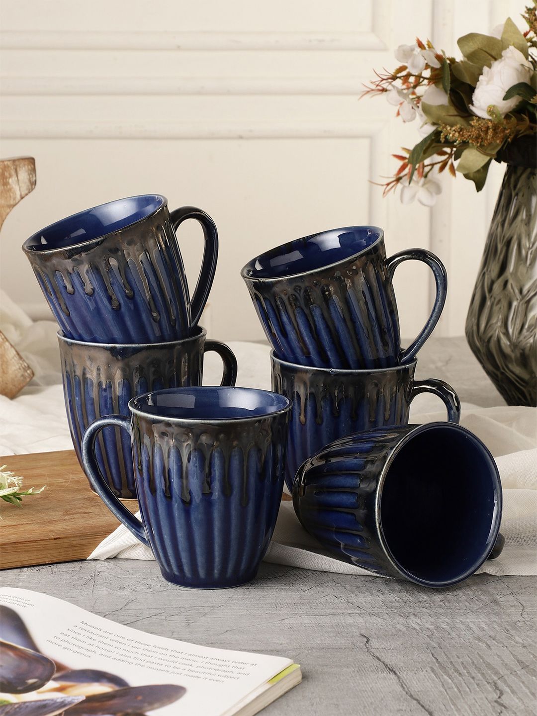MIAH Decor Blue Textured Pack of 6 Ceramic Glossy Mugs Set Price in India