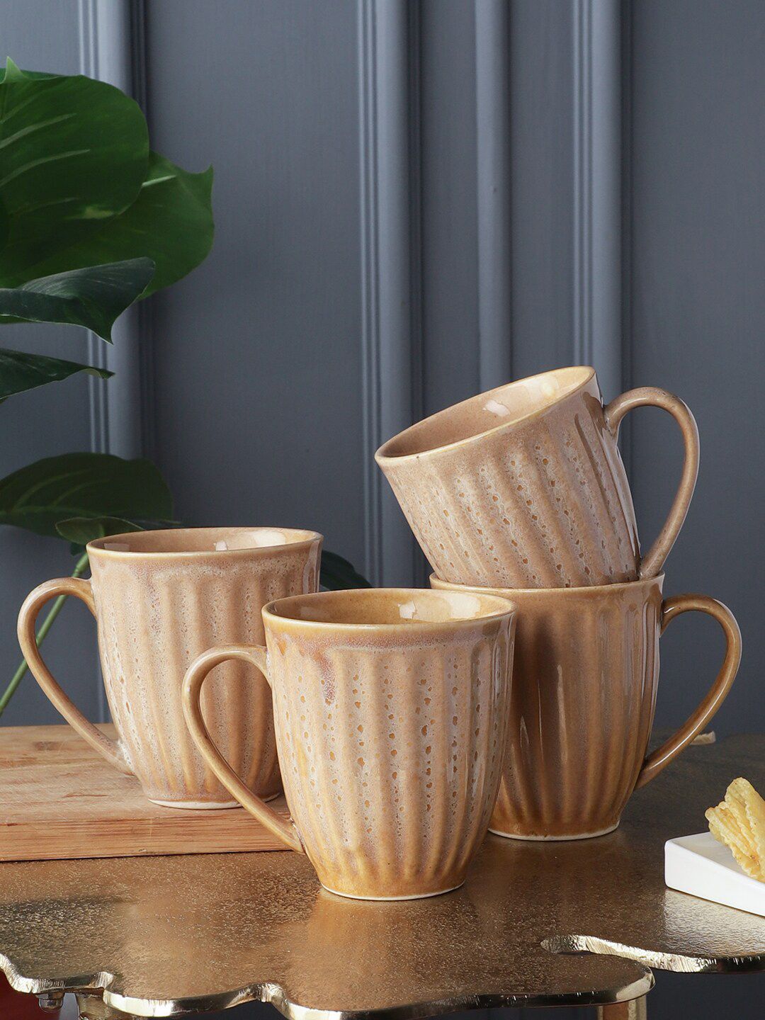 MIAH Decor Set of 4 Brown Handcrafted and Hand Painted Textured Ceramic Glossy Mugs Price in India