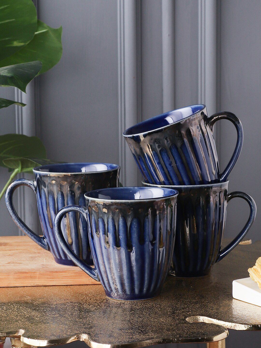 MIAH Decor Set of 4 Blue & Grey Handcrafted Textured Ceramic Glossy Cups Price in India