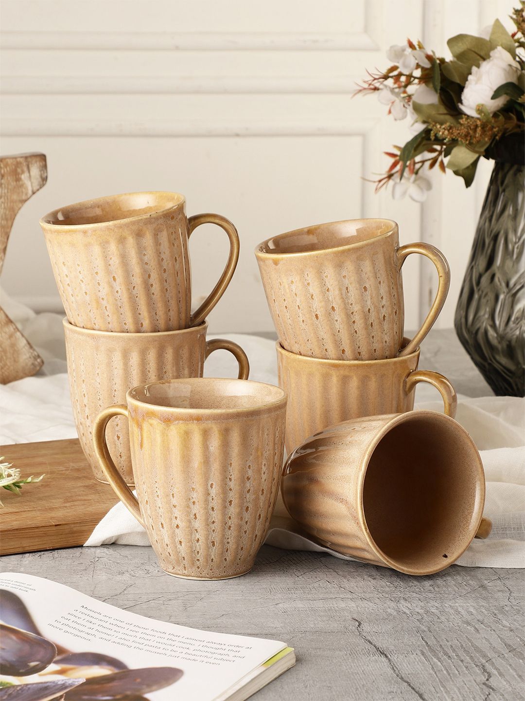 MIAH Decor 6 Pieces Tan Brown Handcrafted Textured Ceramic Mug Set Price in India