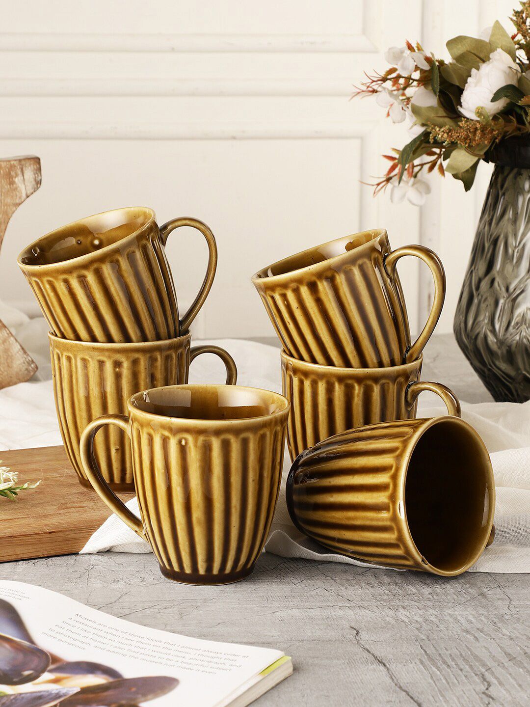 MIAH Decor Set of 6 Brown Textured Ceramic Glossy Mugs Price in India