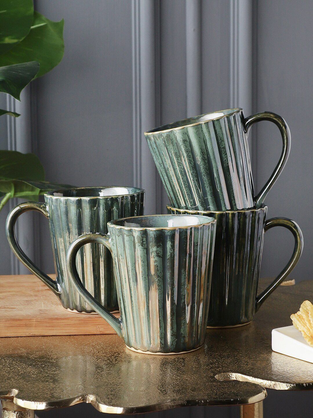 MIAH Decor Set of 4 Green Handcrafted and Hand Painted Textured Ceramic Matte Mugs Price in India