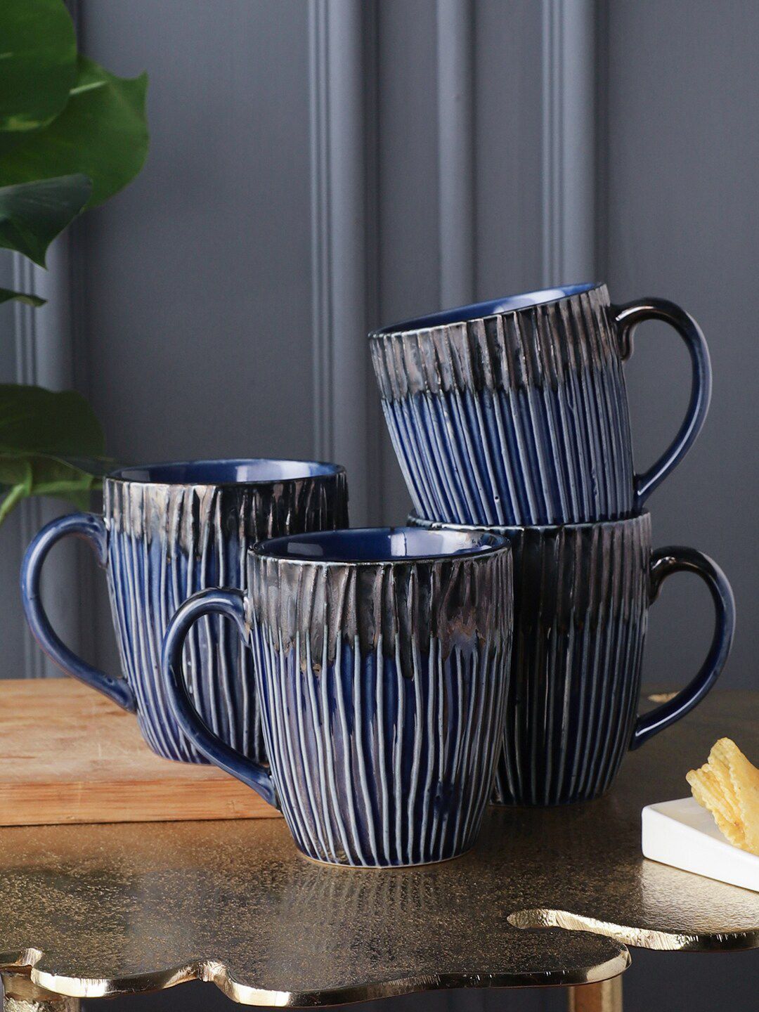 MIAH Decor Set of 4 Blue & Grey Textured Ceramic Glossy Mugs Price in India