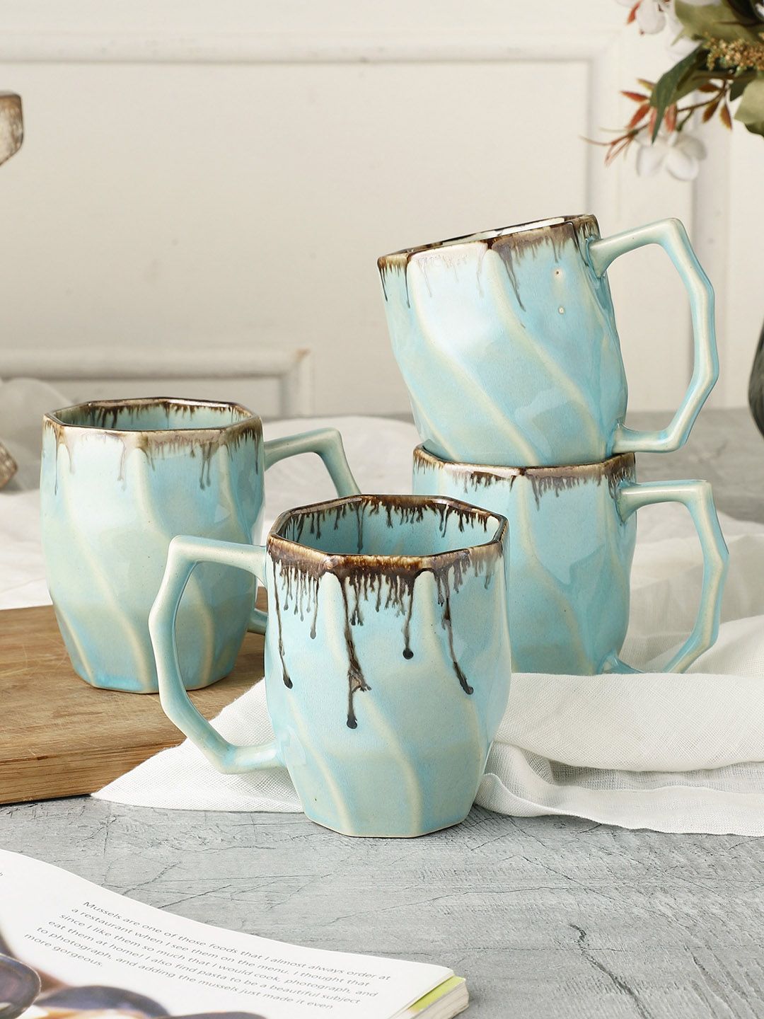 MIAH Decor 4 Pieces Teal Blue Printed Glossy Handmade Ceramic Cups Set Price in India