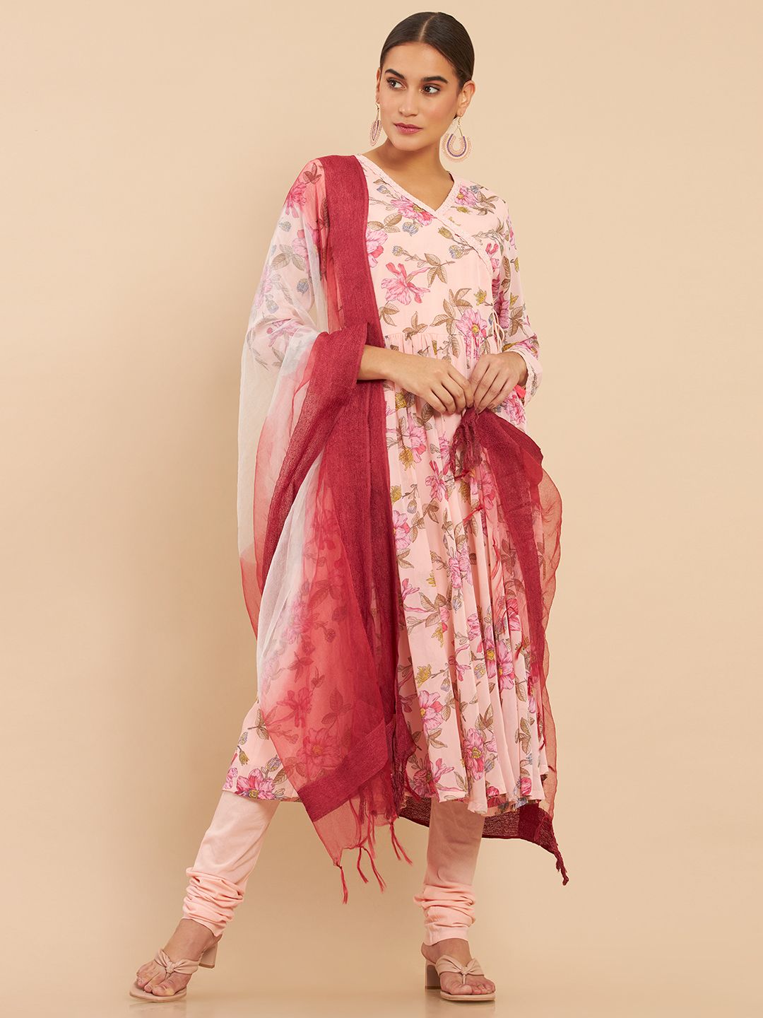 Soch Women Peach-Coloured Floral Printed Kurta with Churidar & With Dupatta Price in India