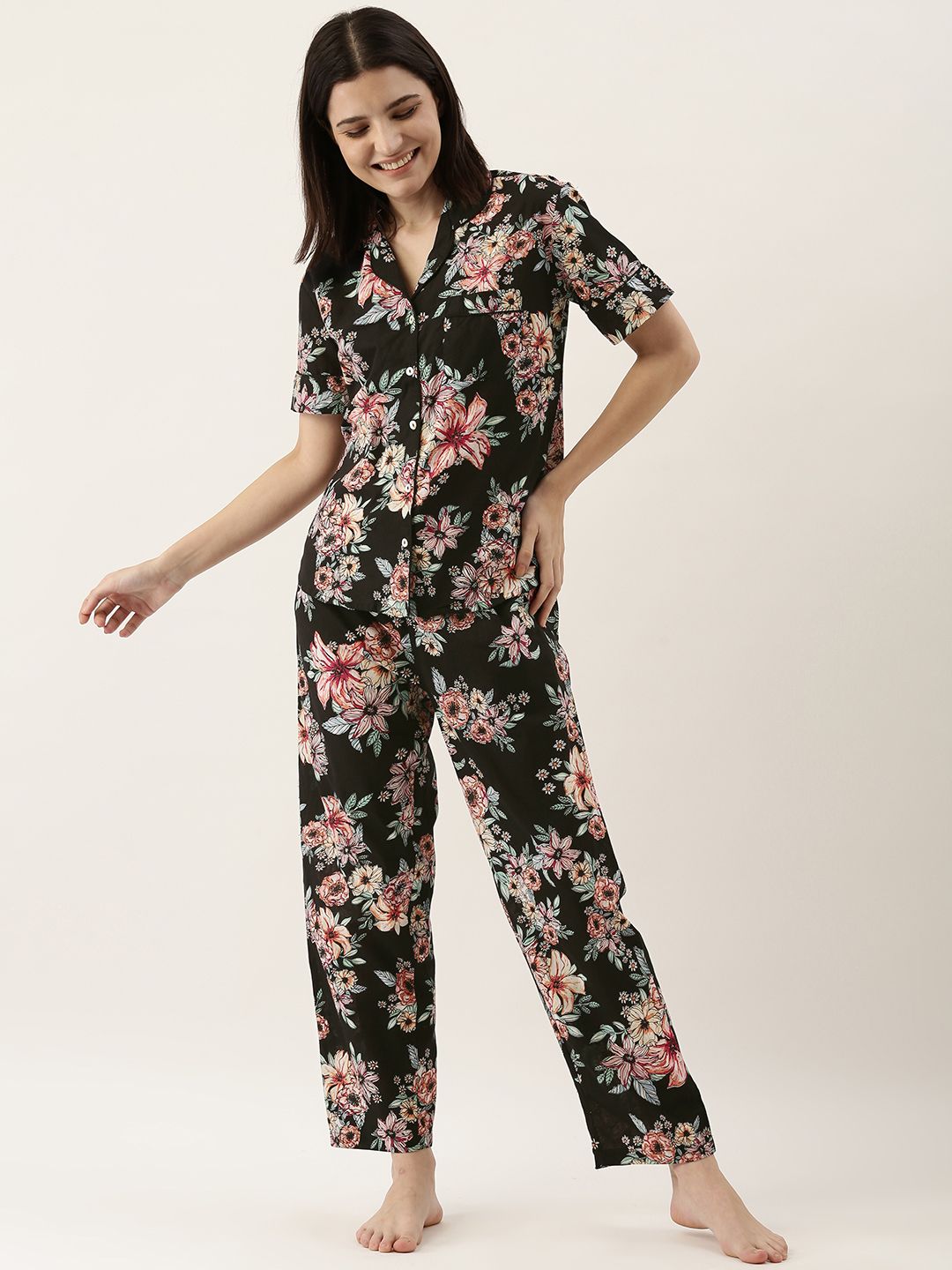 SANSKRUTIHOMES Women Black Pure Cotton Floral Print Pyjama Set Price in India