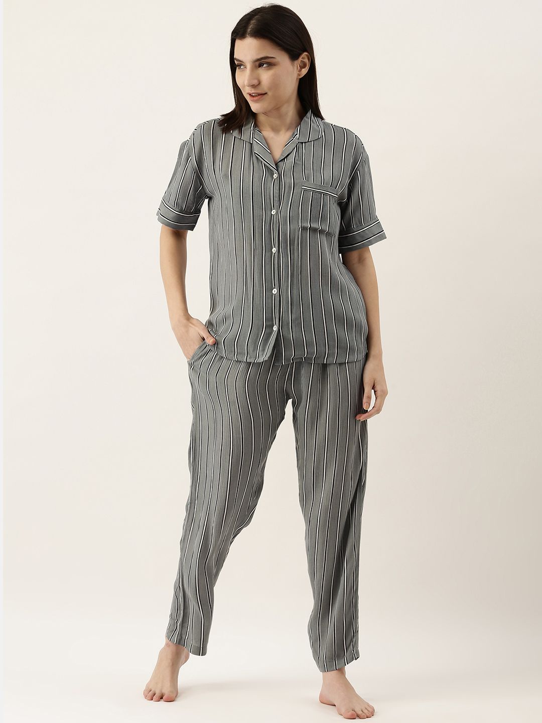 SANSKRUTIHOMES Women Grey & White Striped Pyjama Set Price in India