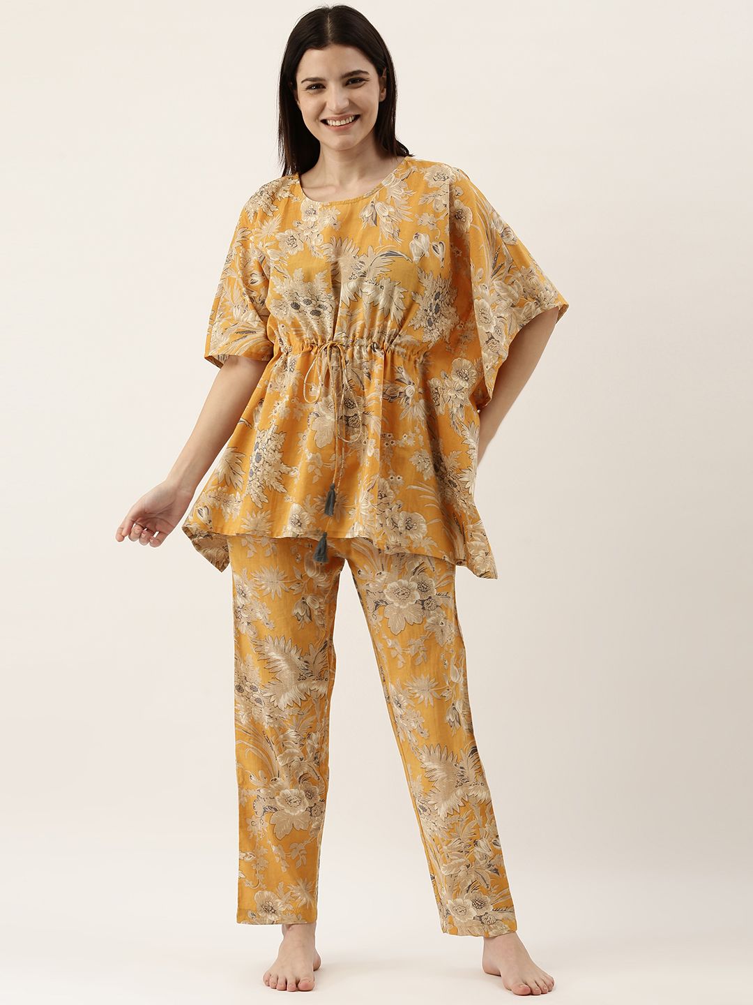 SANSKRUTIHOMES Women Mustard Yellow & Beige Printed Night suit Price in India