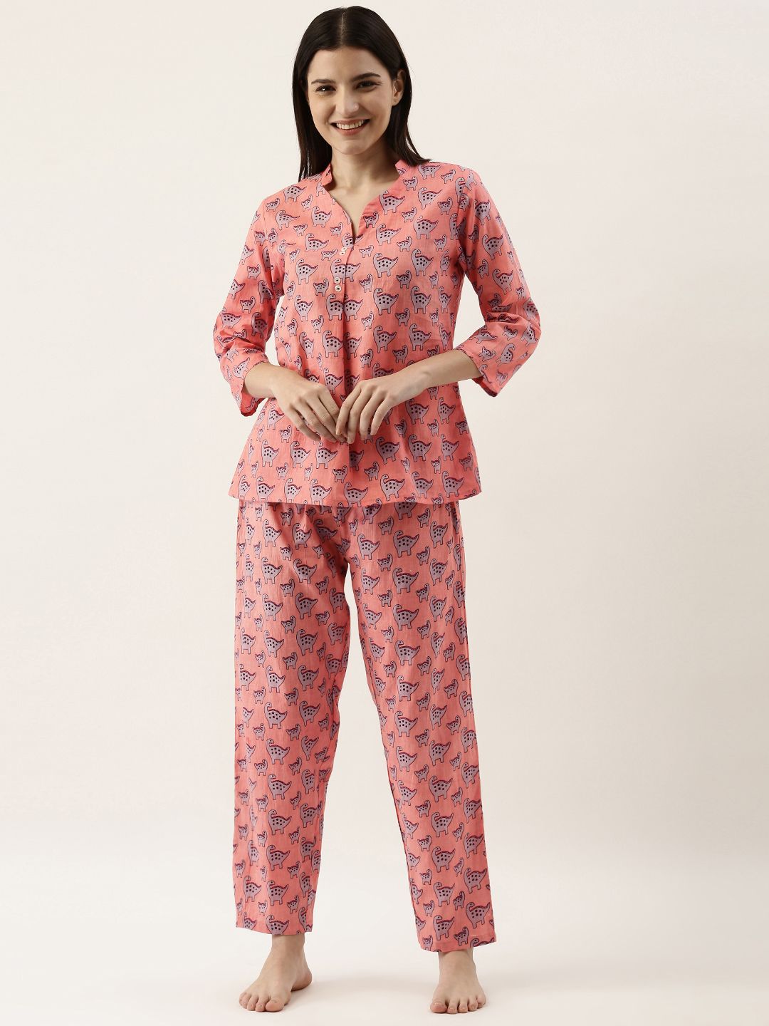 SANSKRUTIHOMES Women Peach-Coloured Pure Cotton Printed Pyjama Set Price in India