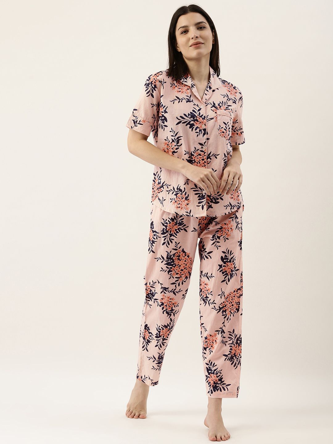 SANSKRUTIHOMES Women Peach-Coloured & Navy Blue Pure Cotton Floral Printed Pyjama Set Price in India