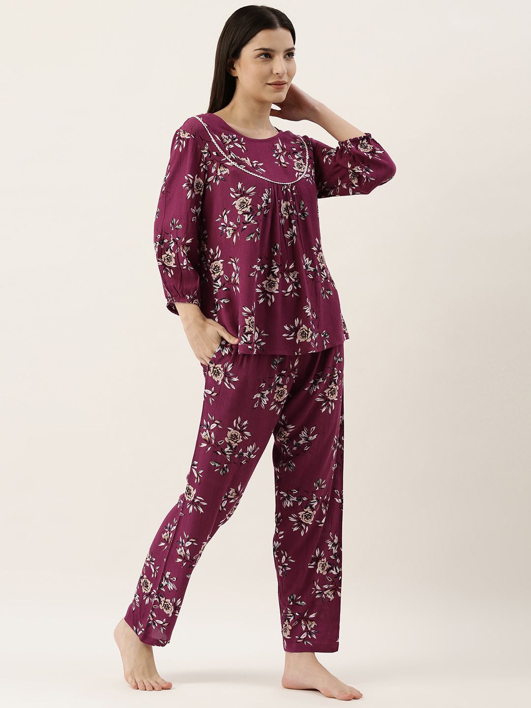 SANSKRUTIHOMES Women Magenta Floral Print Pyjama Set Price in India