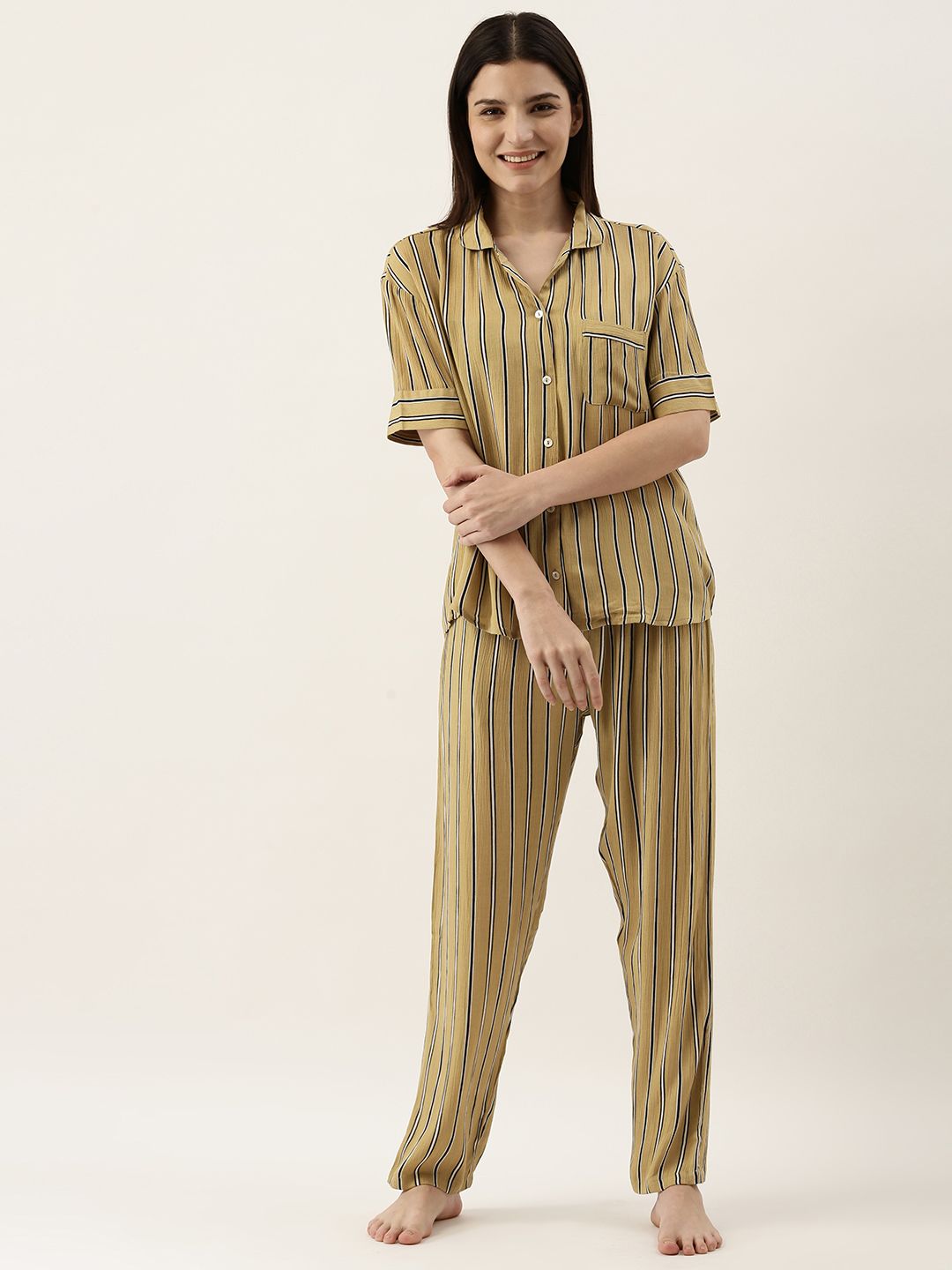 SANSKRUTIHOMES Women Olive Green Striped Pyjama Set Price in India