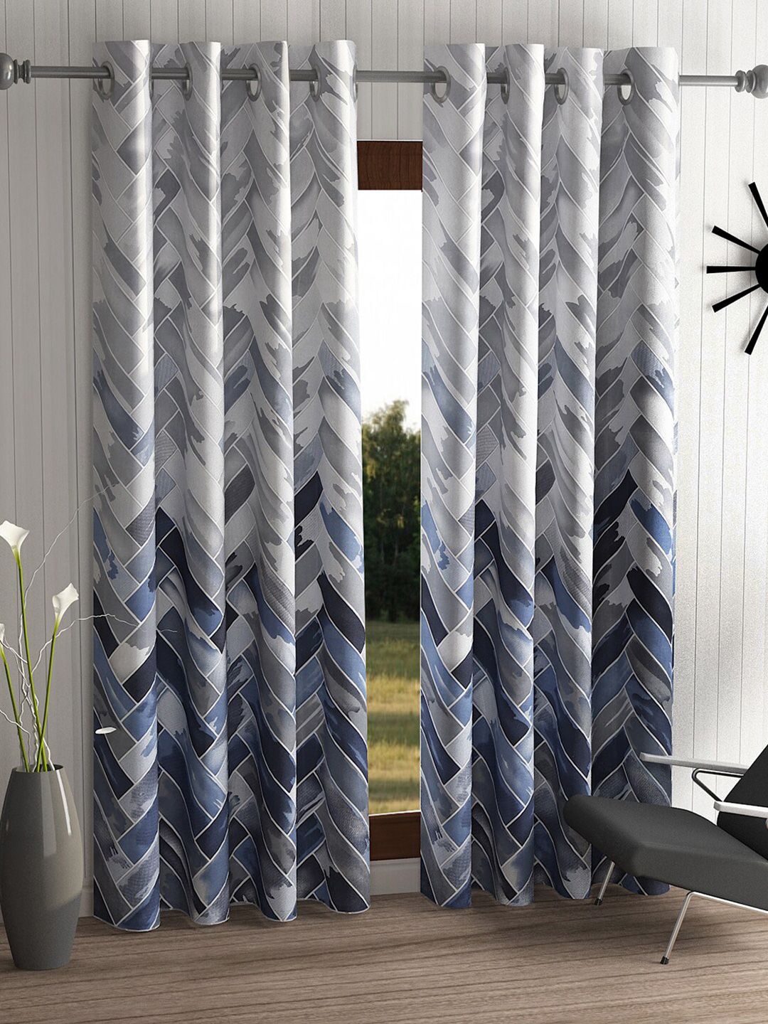 Home Sizzler Grey & Blue Set of 2 Geometric Long Door Curtain