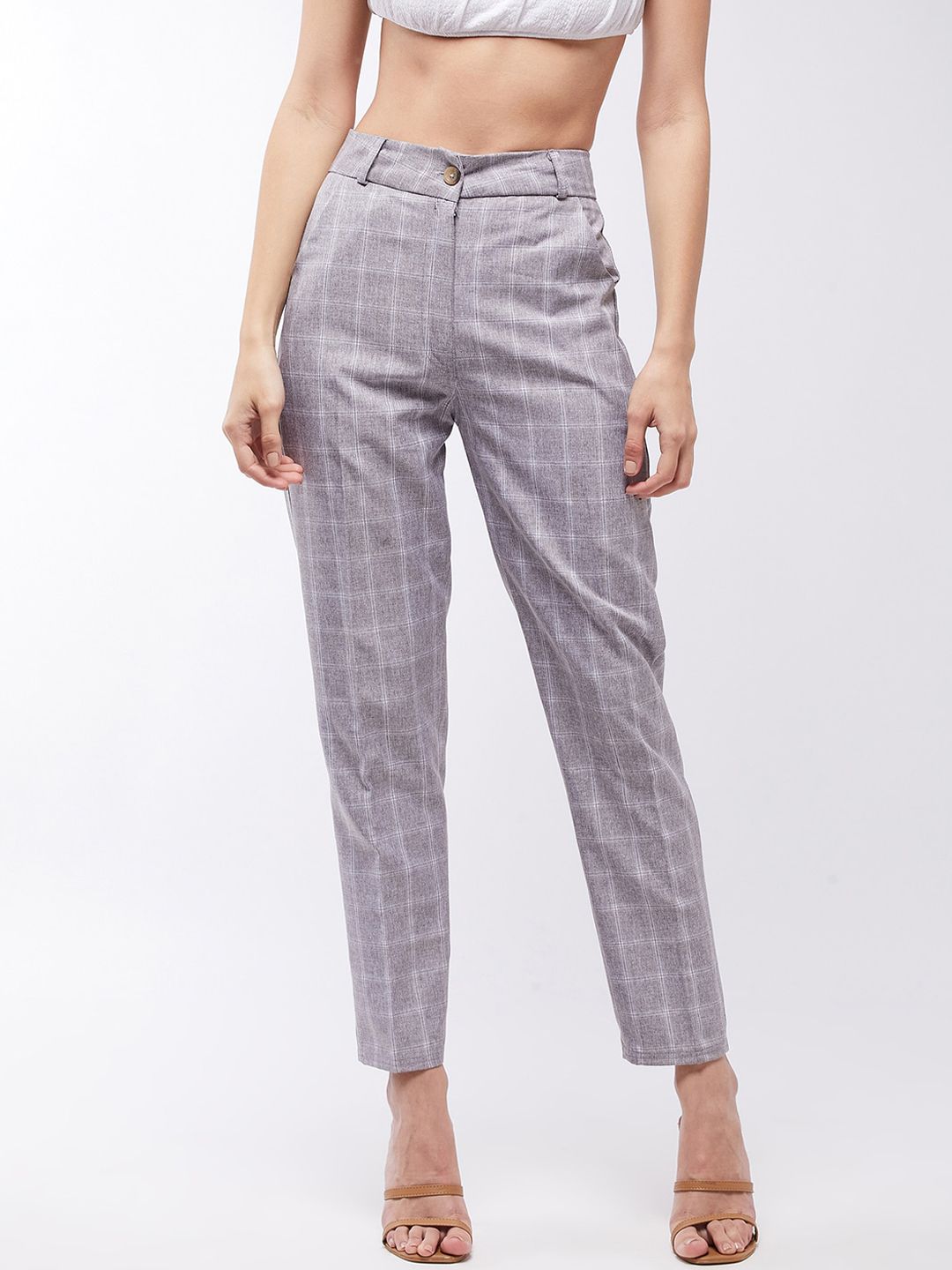 Purple Feather Women Grey Checked Tailored High-Rise Trousers Price in India