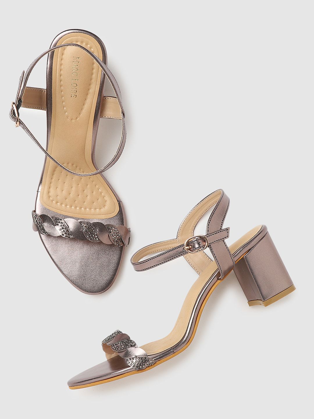 Marc Loire Gunmetal-Toned Stoned Embellished Party Block Sandals Price in India