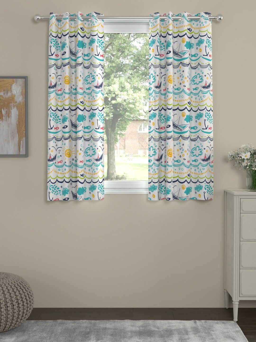 ROSARA HOME Blue & White Set of 2 Quirky Window Curtain Price in India