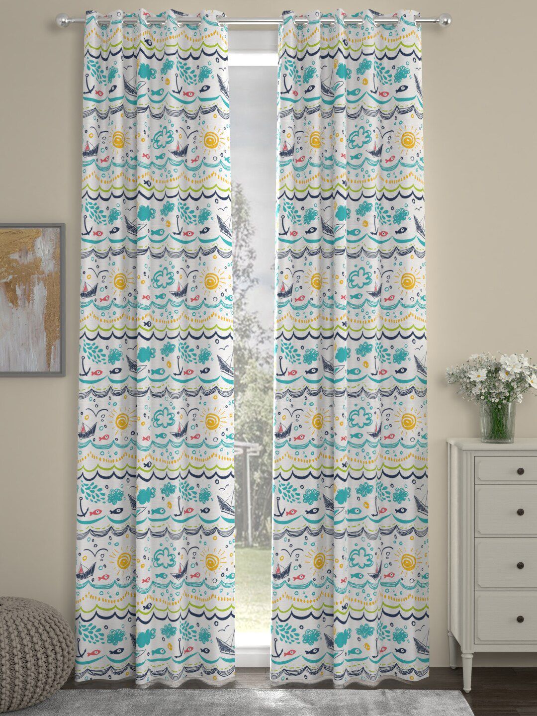 ROSARA HOME Blue & White Set of 2 Geometric Printed Door Curtain Price in India