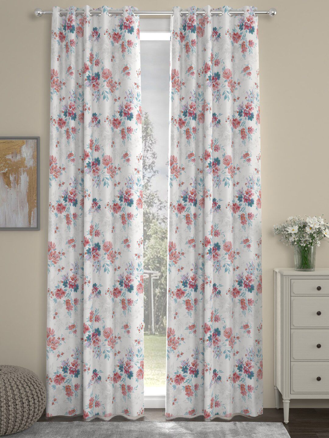 ROSARA HOME Red & Grey Set of 2 Floral Door Curtain Price in India