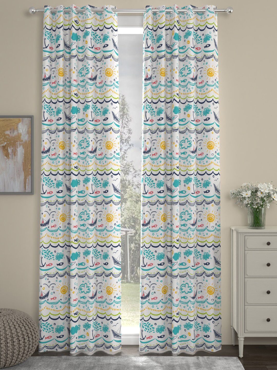 ROSARA HOME Blue & Yellow Set of 2 Geometric Long Door Curtain Price in India