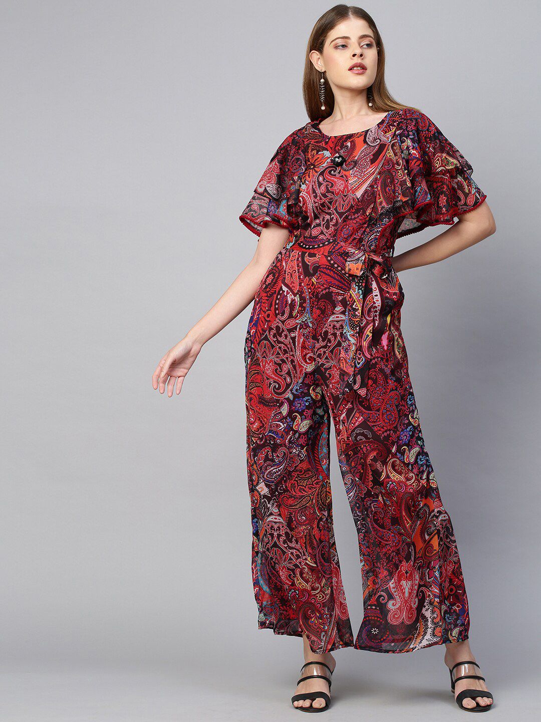 FASHOR Black & Red Paisley Printed Basic Jumpsuit Price in India