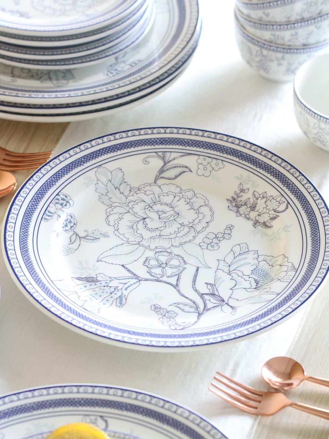 The Wishing Chair 6 Pieces White & Blue Floral Printed Bone China Glossy Plate Set Price in India