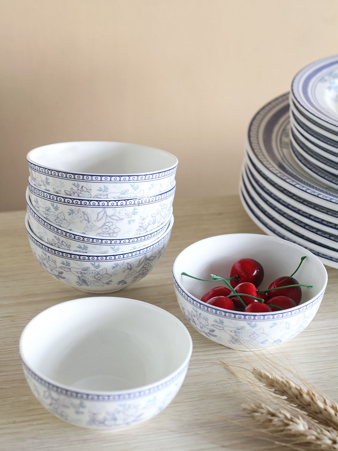 The Wishing Chair Set of 6 White & Blue Floral Printed Bone China Glossy Bowls Price in India