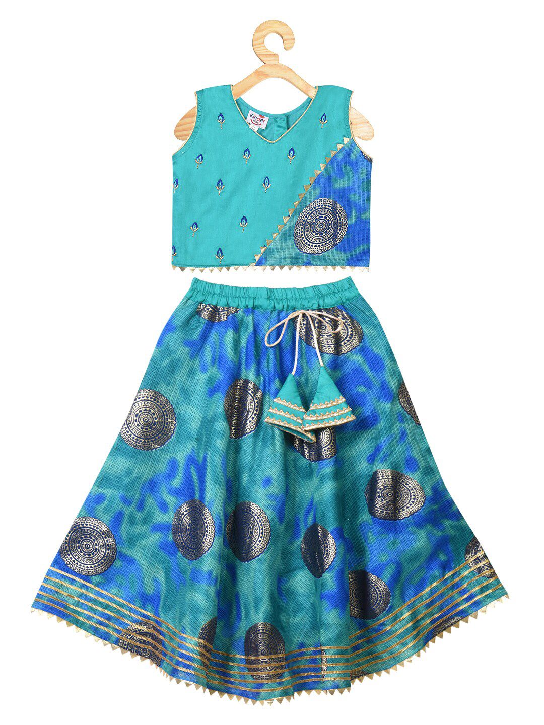 Kinder Kids Girls Blue & Green Printed Foil Print Ready to Wear Cotton Lehenga