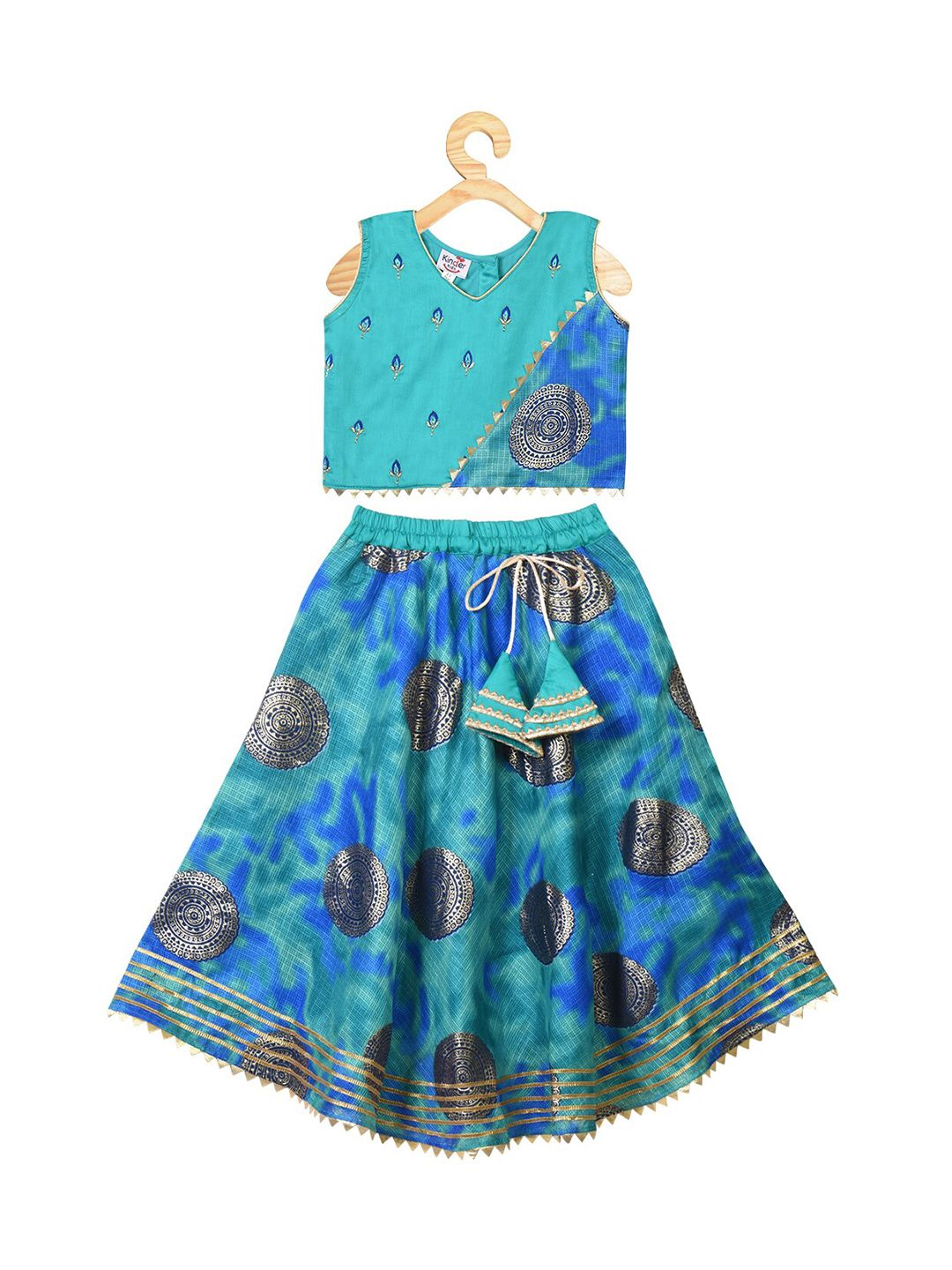 Kinder Kids Girls Blue Kota Printed Cotton Lehenga With Embroidered Choli