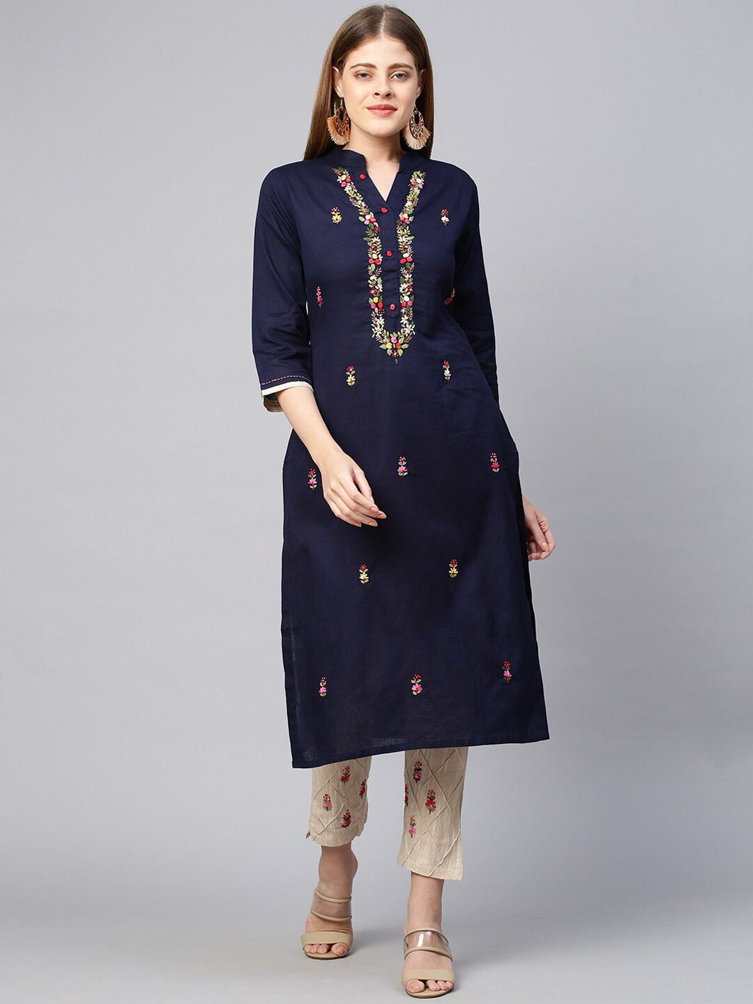 FASHOR Women Navy Blue Floral Embroidered Kurta with Trousers Price in India