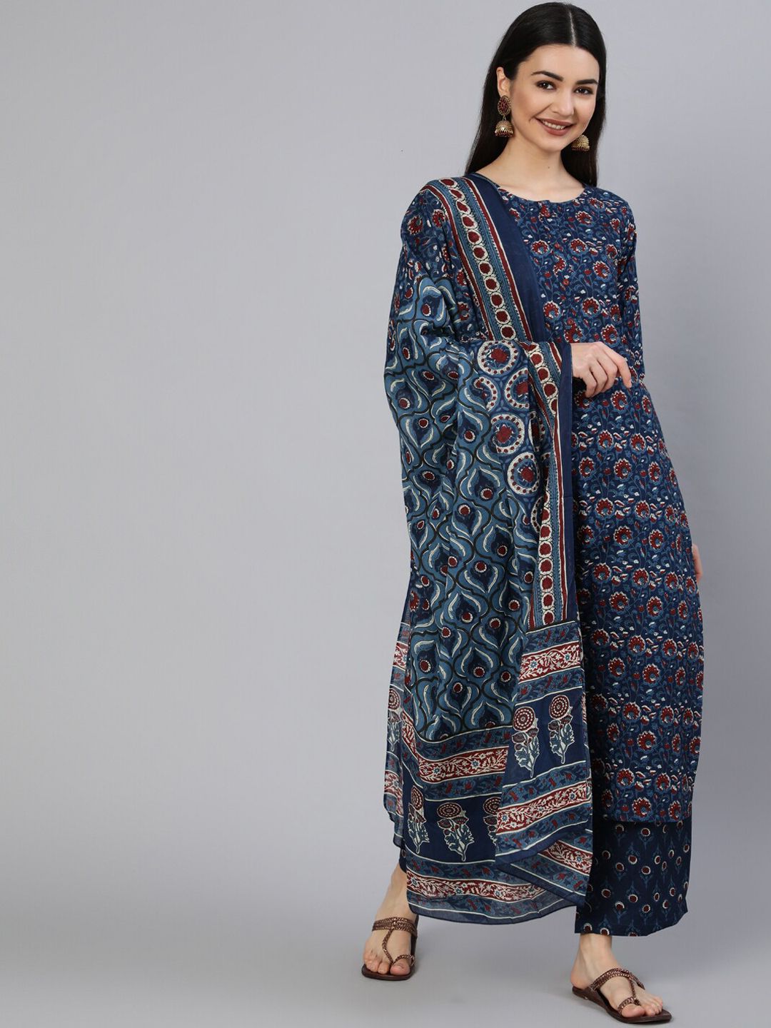 Nayo Women Blue Ethnic Motifs Printed Pure Cotton Kurta with Palazzos & With Dupatta Price in India