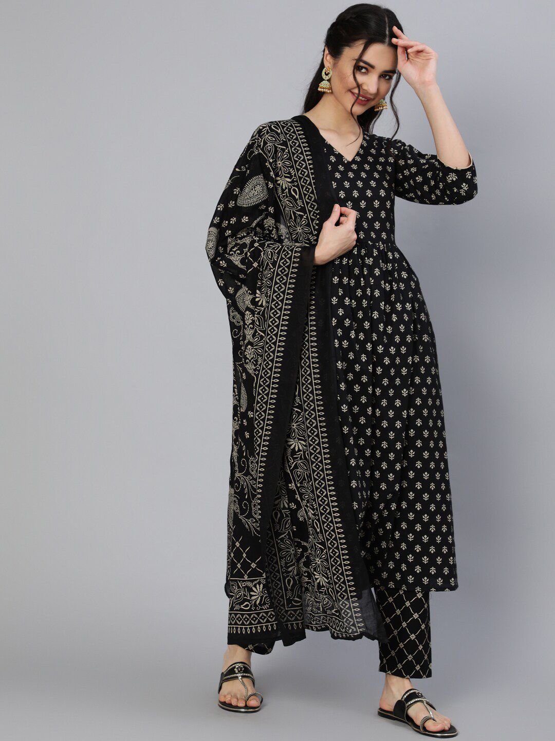 Nayo Women Black Printed Layered Pure Cotton Kurti with Trousers Price in India