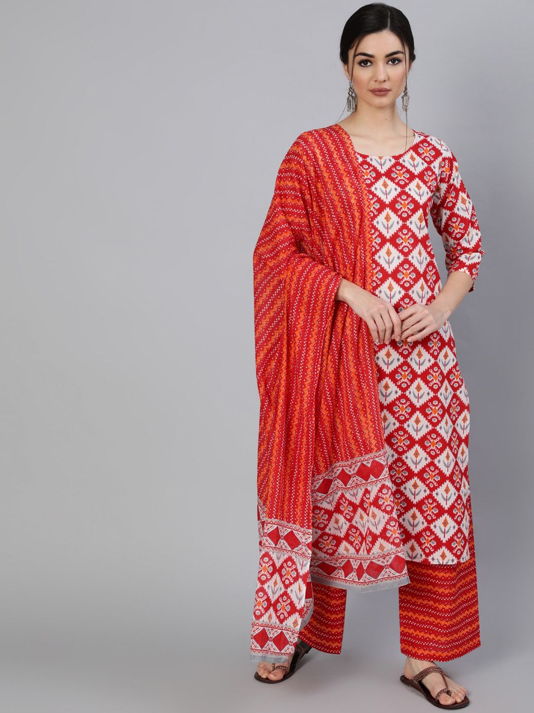 Nayo Women Red Printed Pure Cotton Straight Kurta with Palazzos & Dupatta Price in India