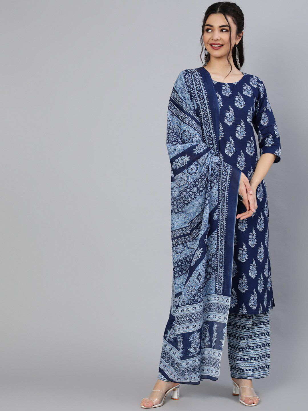 Nayo Women Navy Blue Printed Straight Kurta with Palazzos & With Dupatta Price in India