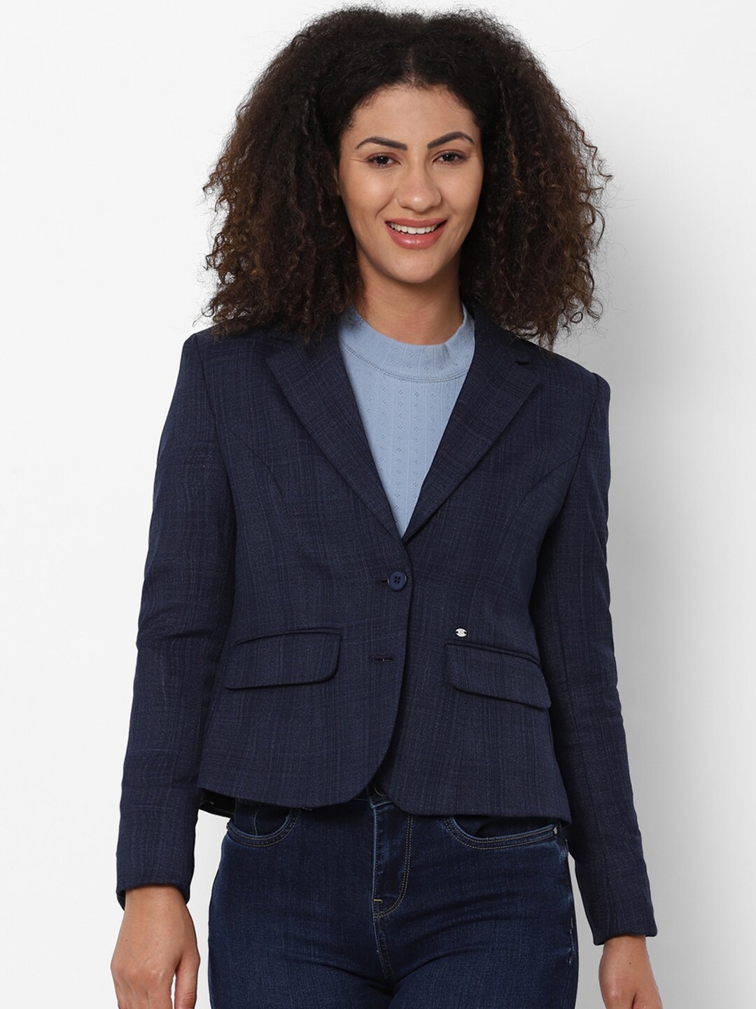 Allen Solly Woman Navy Blue Checked Single Breasted Blazer Price in India