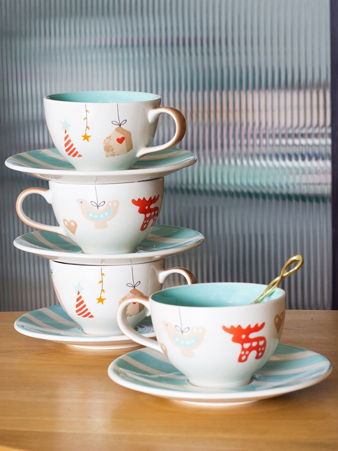 The Wishing Chair Set Of 4 White & Blue Printed Stoneware Matte Cups & Saucers Set Price in India