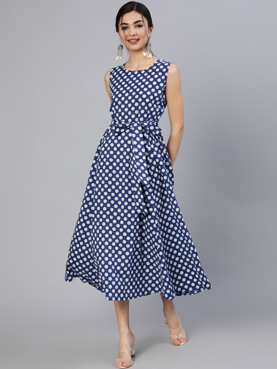 Nayo Women Blue Polka Dots Printed Cotton A-Line Dress Price in India