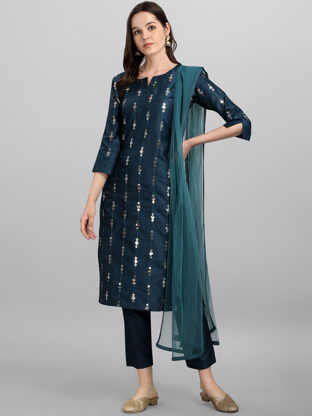 heemara Women Teal Ethnic Motifs Embroidered Raw Silk Kurta Trouser With Dupatta Price in India